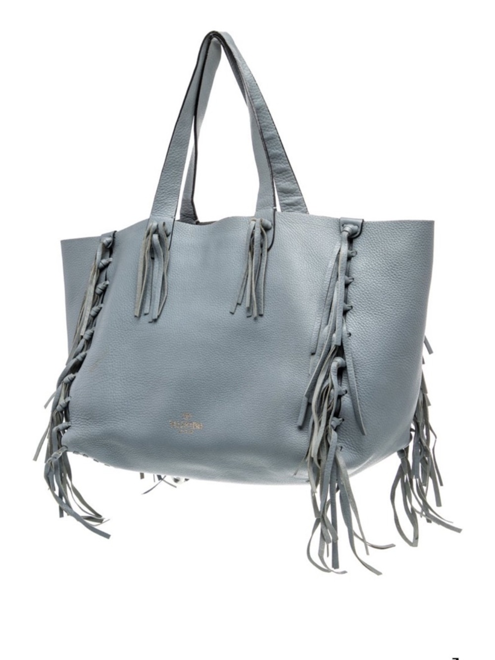 Valentino Light Blue Gray Grained Calf Leather Fringe C-Rockee Bag Tote - Picture 3 of 10